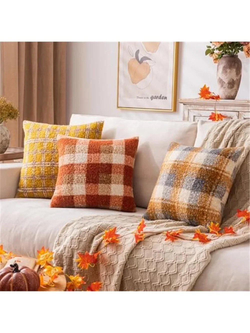Plaid Fall Throw Pillow Covers Orange 18x18 Inch Set of 2